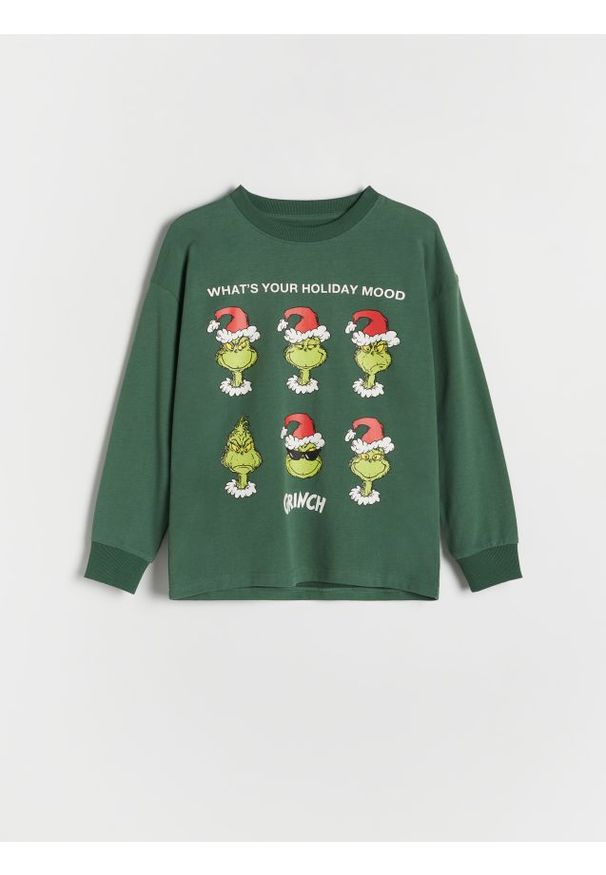 Reserved - Świąteczny longsleeve Grinch - ciemnozielony. Kolor: zielony. Materiał: bawełna, dzianina. Długość rękawa: długi rękaw. Styl: wizytowy