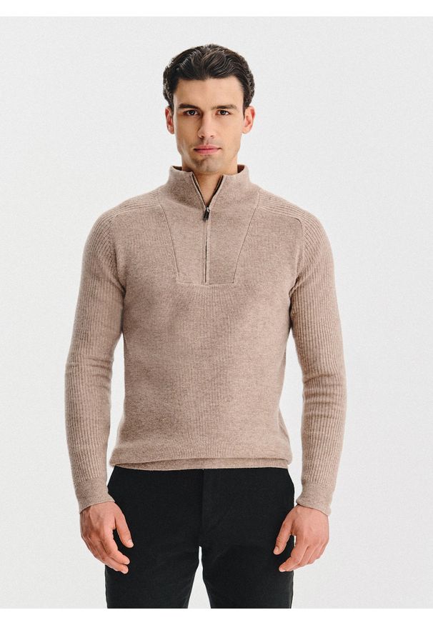 Pako Lorente - PAKO LORENTE - Beżowy sweter z rozpinaną stójką. Okazja: na co dzień. Typ kołnierza: kołnierzyk stójkowy. Kolor: beżowy, niebieski. Materiał: wełna, poliamid. Sezon: jesień. Styl: casual