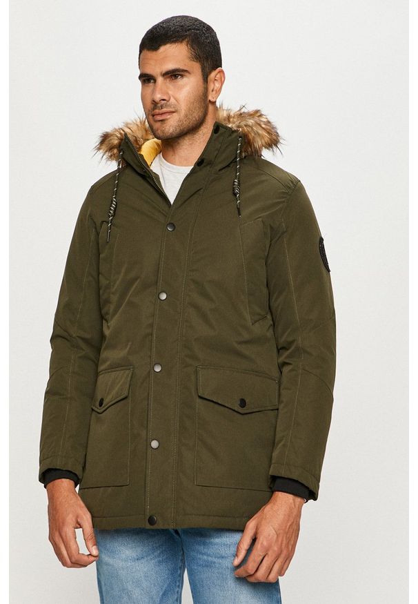 Jack & Jones - Parka. Okazja: na co dzień. Kolor: zielony. Materiał: materiał, futro. Wzór: gładki. Styl: casual