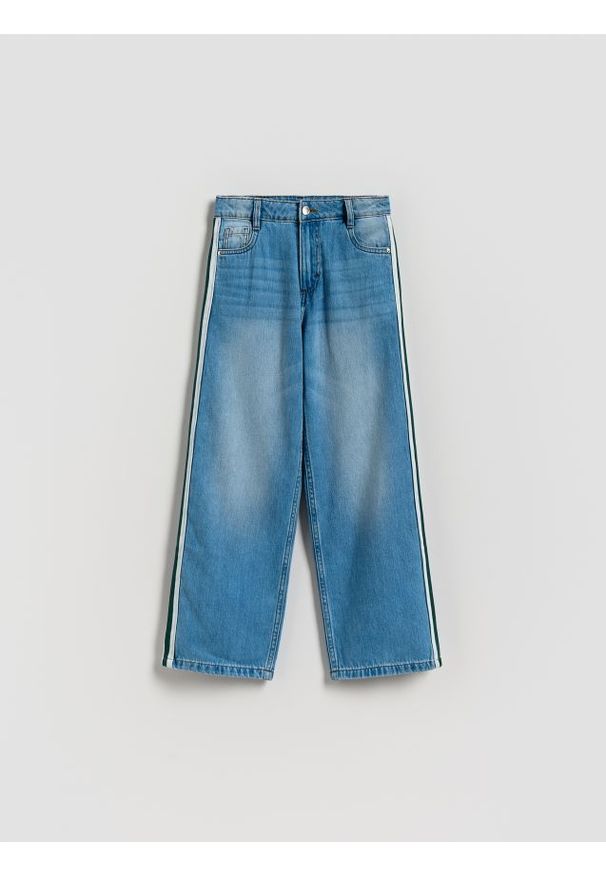 Reserved - Jeansy straight fit z lampasami - niebieski. Kolor: niebieski