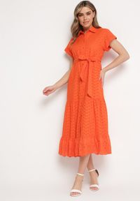Born2be - Pomarańczowa Sukienka Bawełniana z Ażurowym Wzorem i Wiązanym Paskiem Kelilena. Okazja: na co dzień. Kolor: pomarańczowy. Materiał: bawełna. Długość rękawa: krótki rękaw. Wzór: ażurowy. Typ sukienki: rozkloszowane. Styl: retro, casual, elegancki #5