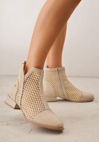 Born2be - Beżowe Przejściowe Botki z Plecioną Cholewką i Skórzaną Wkładką Marisca. Okazja: na spacer. Kolor: beżowy. Materiał: skóra. Szerokość cholewki: normalna. Wzór: haft. Styl: boho #1