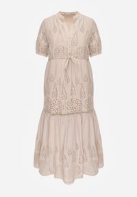 Renee - Beżowa Haftowana Sukienka Bawełniana ze Ściągaczem w Talii Ineryna. Kolor: beżowy. Materiał: bawełna. Wzór: haft. Sezon: lato. Styl: boho #4