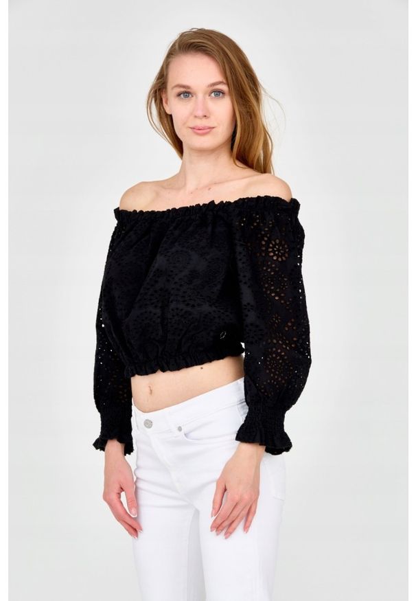 Guess - GUESS Damski czarny crop top. Kolor: czarny. Materiał: bawełna