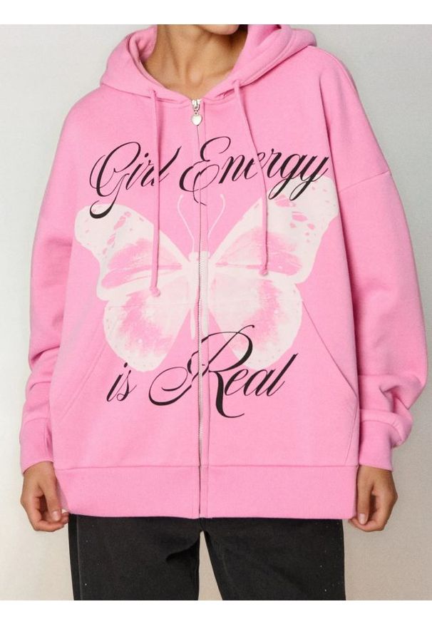 Sinsay - Bluza zip hoodie z nadrukiem - różowy. Kolor: różowy. Wzór: nadruk