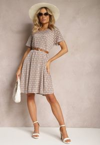 Renee - Brązowo-Beżowa Sukienka Mini z Wiskozy z Rozkloszowanym Dołem Lontassa. Kolor: brązowy. Materiał: wiskoza. Sezon: lato. Długość: mini