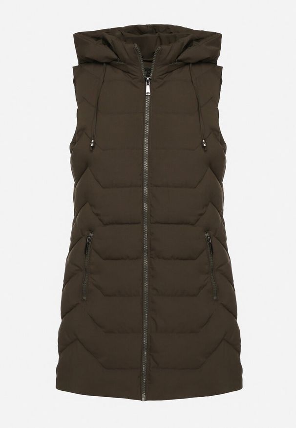 Born2be - Ciemnozielona Pikowana Kamizelka z Odpinanym Kapturem na Suwak Wykończona Sznurkami Zeneria. Okazja: na co dzień. Kolor: zielony. Styl: elegancki, casual