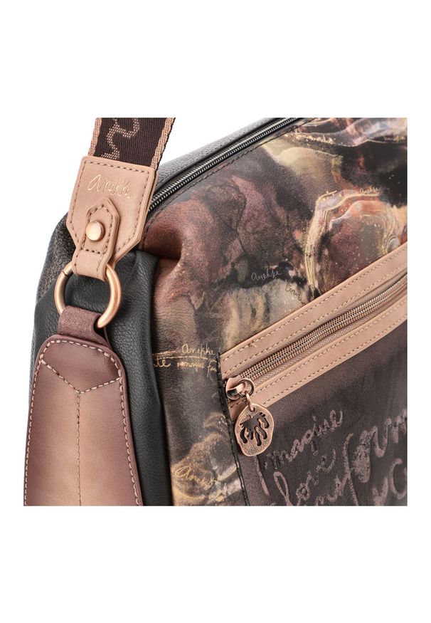 Brązowa Torebka Anekke Modna Listonoszka Damska. Kolor: brązowy. Wzór: nadruk, aplikacja. Materiał: zdobione