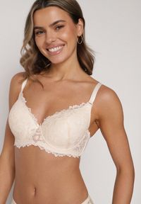 Born2be - Beżowy Biustonosz z Koronką i Sercem z Cyrkonii Coratune. Kolor: beżowy. Materiał: koronka. Wzór: koronka #1