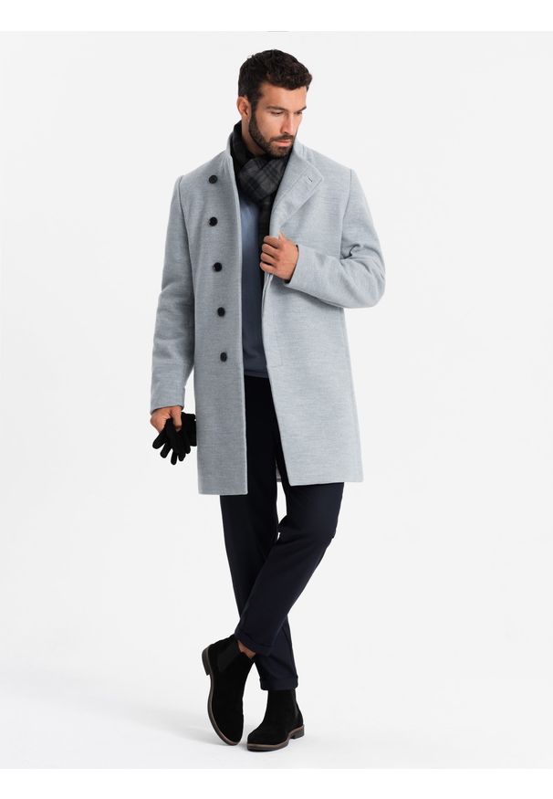 Ombre Clothing - Płaszcz męski z wysokim kołnierzem i asymetrycznym zapięciem – szary melanż V1 - Rozmiar: XXL. Okazja: na co dzień. Typ kołnierza: kołnierzyk stójkowy. Kolor: szary. Materiał: wiskoza, poliester, materiał, syntetyk, włókno. Długość: długie. Wzór: melanż. Styl: wizytowy, casual, elegancki