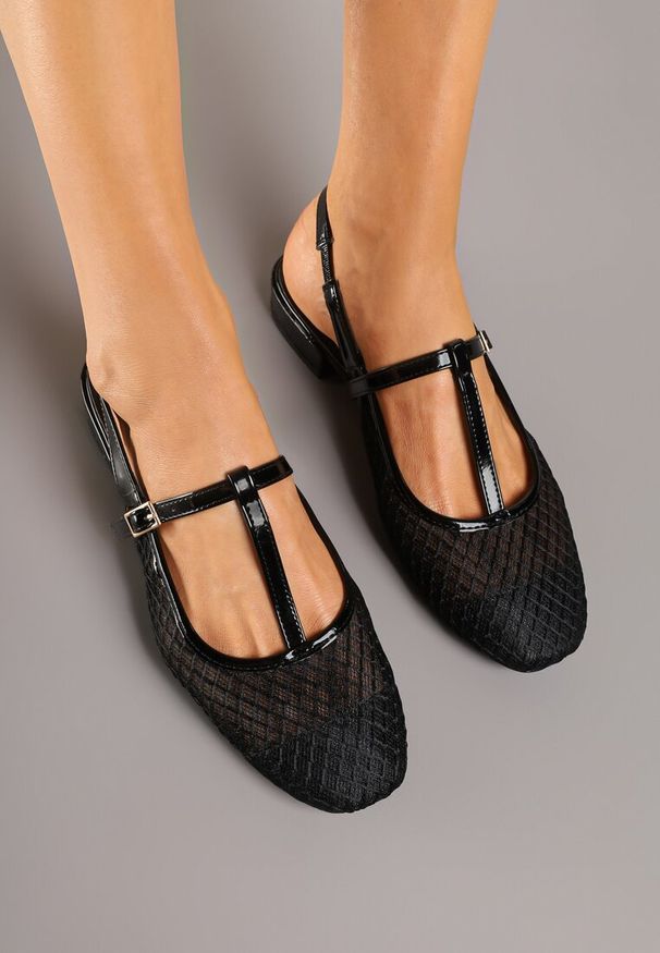 Renee - Czarne Sandały Vices Lakierowane Slingback z Siateczkową Cholewką Mairelite. Okazja: na co dzień. Zapięcie: sprzączka. Kolor: czarny. Materiał: lakier. Sezon: lato. Styl: casual