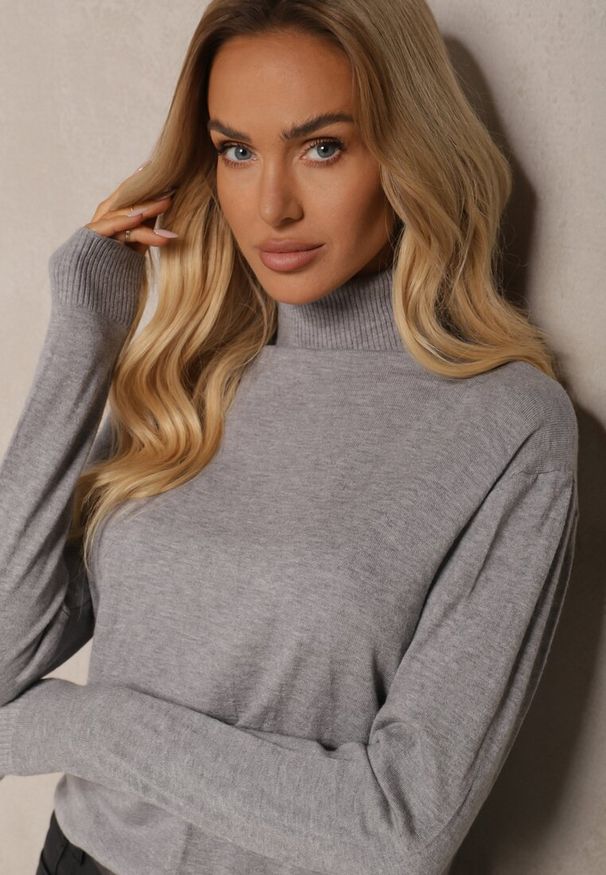 Renee - Szary Klasyczny Golf z Bawełną Gemiella. Okazja: na co dzień, na spotkanie biznesowe. Typ kołnierza: golf. Kolekcja: plus size. Kolor: szary. Długość: długie. Wzór: aplikacja. Materiał: bawełna. Długość rękawa: długi rękaw. Styl: klasyczny