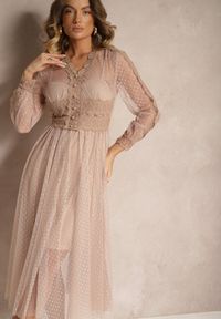 Renee - Beżowa Rozkloszowana Sukienka Midi z Tiulu z Koronką Rislaine. Kolor: beżowy. Materiał: koronka, tiul. Długość rękawa: na ramiączkach. Wzór: koronka. Sezon: lato, wiosna. Długość: midi #5