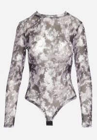 Born2be - Czarno-Szare Siateczkowe Body z Długimi Rękawami i Wzorem Tie-Dye Lenvoria. Kolor: czarny. Materiał: jeans, materiał. Długość rękawa: długi rękaw. Długość: długie. Wzór: aplikacja