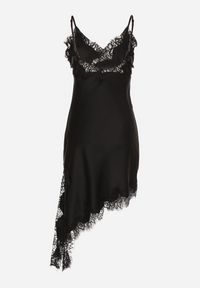 Born2be - Czarna Asymetryczna Sukienka z Satyny Ozdobiona Koronką Monivea. Okazja: na co dzień. Kolor: czarny. Materiał: satyna, koronka. Długość rękawa: na ramiączkach. Wzór: koronka, aplikacja. Typ sukienki: asymetryczne. Styl: klasyczny, casual #6