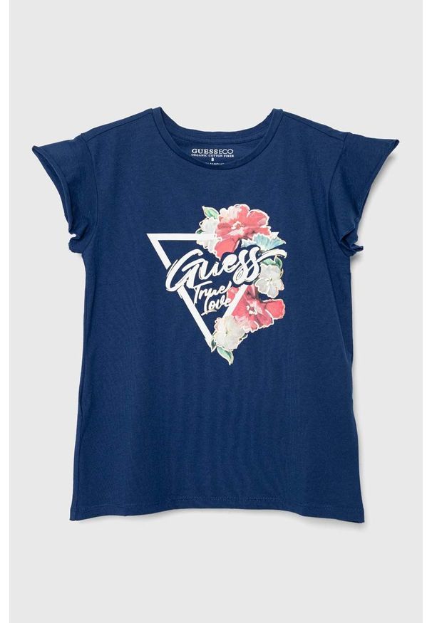 Guess t-shirt dziecięcy kolor granatowy. Kolor: niebieski. Materiał: bawełna, dzianina. Wzór: nadruk. Styl: klasyczny