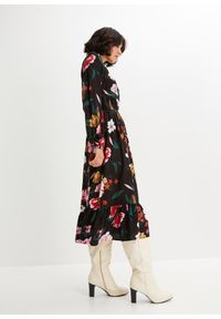 bonprix - Sukienka midi z lejącej wiskozy. Kolor: czarny. Materiał: wiskoza. Wzór: nadruk. Długość: midi #1