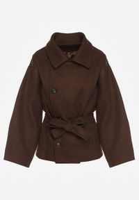 Renee - Brązowy Pudełkowy Krótki Płaszcz z Wiskozą z Wiązanym Paskiem i Kołnierzykiem Tusainea. Kolor: brązowy. Materiał: wiskoza. Długość: krótkie #5