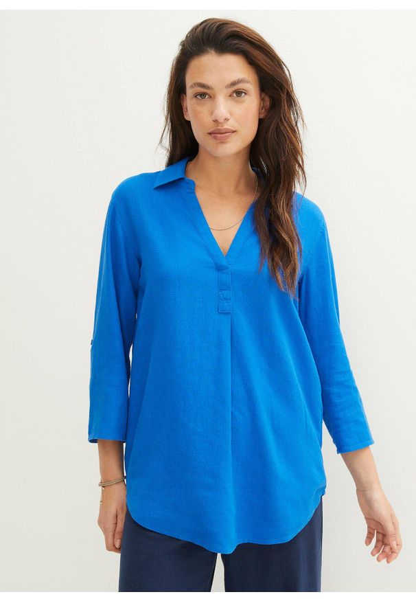 bonprix - Bluzka lniana, rękawy 3/4. Kolor: niebieski. Materiał: len