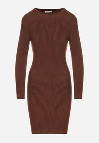 Born2be - Brązowa Dopasowana Sukienka z Prążkowanej Dzianiny z Bawełną Tesmera. Okazja: na co dzień, do pracy, na spotkanie biznesowe. Kolor: brązowy. Materiał: prążkowany, bawełna, dzianina. Styl: biznesowy, casual #7