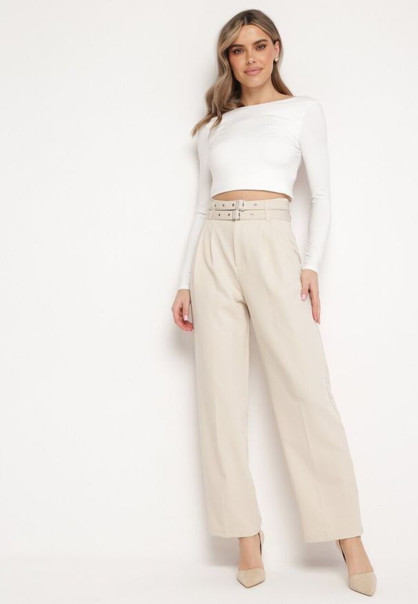 Born2be - Beżowe Garniturowe Spodnie z Wysokim Stanem z Dwoma Paskami na Klamry Ankleada. Stan: podwyższony. Kolor: beżowy. Styl: klasyczny