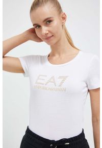 EA7 Emporio Armani t-shirt damski kolor biały. Kolor: biały. Materiał: dzianina. Długość rękawa: krótki rękaw. Długość: krótkie. Wzór: nadruk, aplikacja. Styl: klasyczny #1