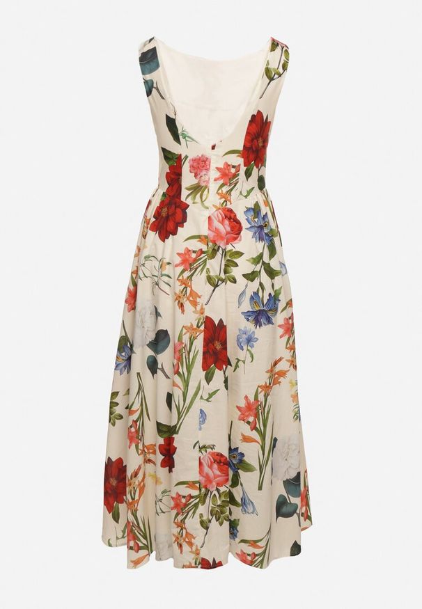 Born2be - Beżowa Bawełniana Sukienka o Rozkloszowanym Kroju w Kwiatowy Print Iladris. Okazja: na imprezę, na co dzień. Typ kołnierza: dekolt w łódkę. Kolor: beżowy. Materiał: bawełna. Wzór: kwiaty, nadruk. Typ sukienki: sportowe. Styl: elegancki, casual, klasyczny, sportowy