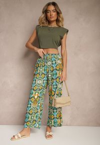 Renee - Zielone Bawełniane Spodnie High Waist Szerokie we Wzór Boho Tolioria. Okazja: na co dzień, do pracy. Stan: podwyższony. Kolor: zielony. Materiał: bawełna. Styl: boho #4
