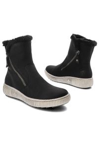 Czarne Botki Rieker Ocieplane Buty Damskie. Okazja: na co dzień, na spacer. Kolor: czarny. Materiał: syntetyk, materiał. Sezon: zima, jesień. Styl: casual, klasyczny, elegancki