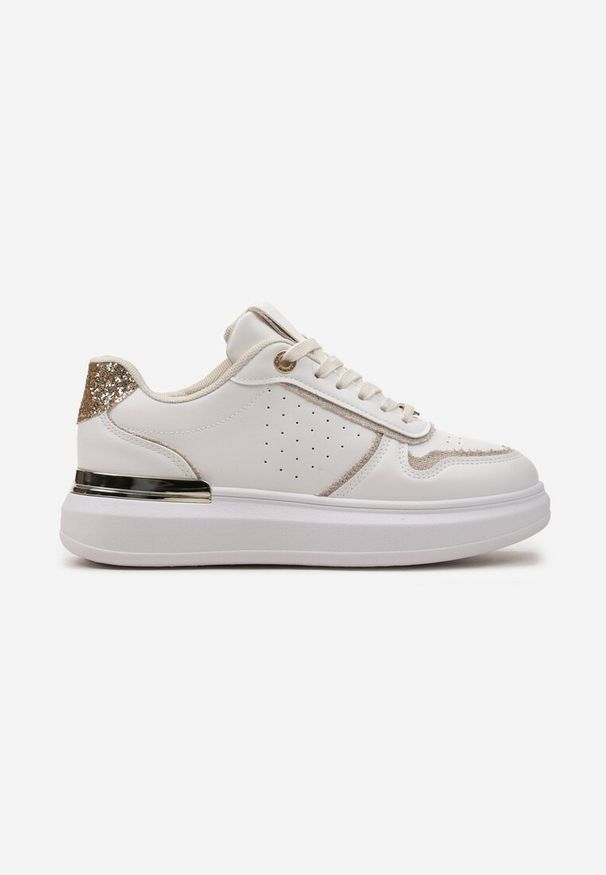 Born2be - Beżowo-Białe Sneakersy na Niskiej Platformie z Brokatowymi i Metalicznymi Wstawkami Limexa. Kolor: beżowy. Obcas: na platformie