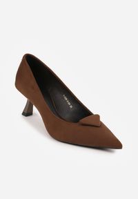 Renee - Brązowe Czółenka VICES na Obcasie Kaczuszka z Aplikacją w Kształcie Trójkąta Ilereisis. Kolor: brązowy. Materiał: koronka. Wzór: aplikacja. Obcas: na obcasie. Wysokość obcasa: średni #5