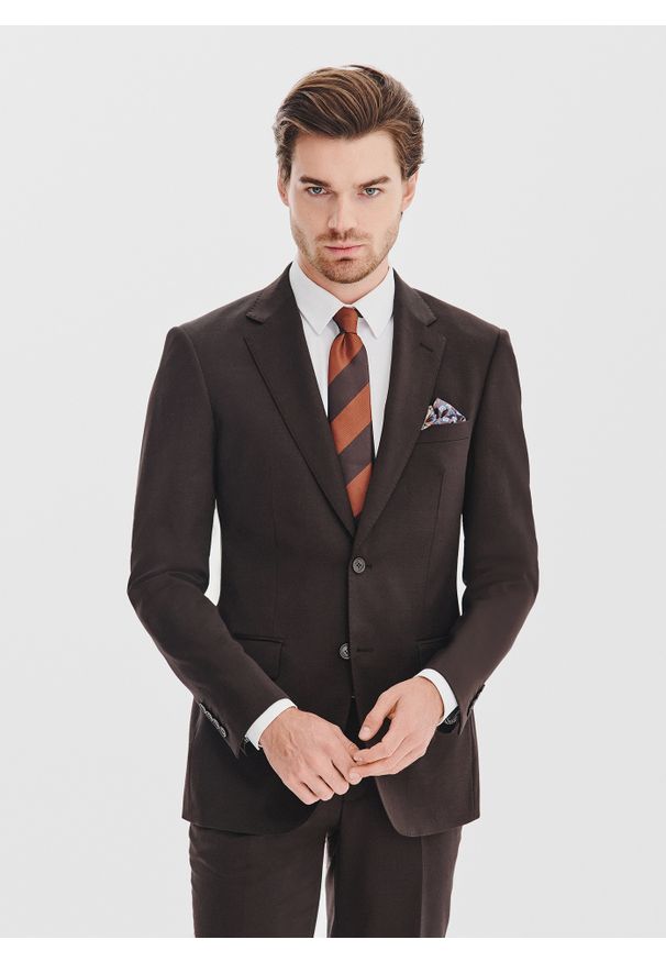 Pako Lorente - PAKO LORENTE – Brązowa marynarka garniturowa. Okazja: na spotkanie biznesowe. Kolor: brązowy. Materiał: poliester, wełna, wiskoza. Styl: biznesowy