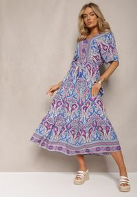 Renee - Niebiesko-Fuksjowa Wiskozowa Sukienka Maxi z Gumką w Pasie Ozdobiona Wzorem Paisley Larite. Kolor: niebieski. Materiał: wiskoza. Wzór: paisley, aplikacja. Długość: maxi #5