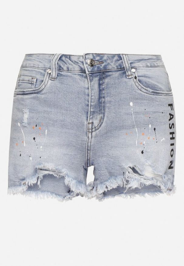 Born2be - Niebieskie Szorty Jeansowe z Wysokim Stanem Zdobione Przetarciami Vestella. Okazja: na co dzień. Stan: podwyższony. Kolor: niebieski. Materiał: jeans. Wzór: aplikacja. Sezon: lato, wiosna. Styl: casual