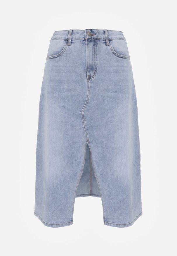 Born2be - Niebieska Jeansowa Spódnica z Bawełną Wysokim Stanem i Rozcięciem z Przodu Cannate. Okazja: na co dzień. Stan: podwyższony. Kolor: niebieski. Materiał: jeans, bawełna. Styl: casual