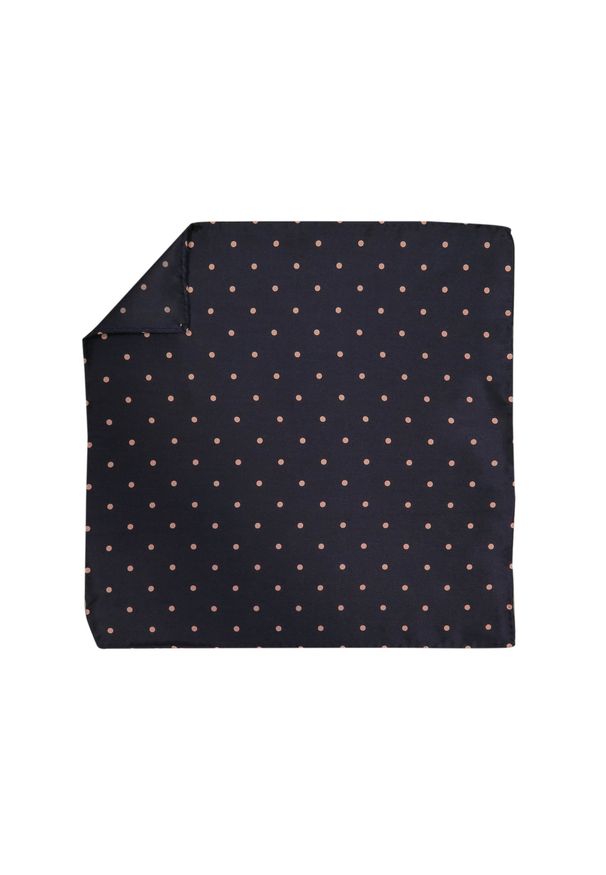 Adam Collection - Granatowa jedwabna poszetka w różowe kropki EJ17. Kolor: różowy, wielokolorowy, niebieski. Materiał: jedwab. Wzór: kropki