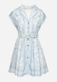 Born2be - Niebieska Wiskozowa Sukienka o Koszulowym Kroju z Paskiem z Klamrą Nitariela. Typ kołnierza: dekolt w kształcie V. Kolor: niebieski. Materiał: wiskoza. Długość rękawa: krótki rękaw. Wzór: kwiaty. Typ sukienki: koszulowe. Styl: elegancki #2