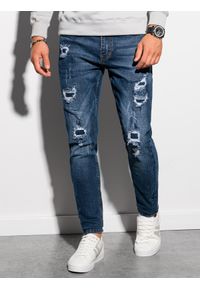 Ombre Clothing - Spodnie męskie jeansowe z dziurami SLIM FIT P1025 - niebieskie - L. Kolor: niebieski. Materiał: jeans. Styl: młodzieżowy