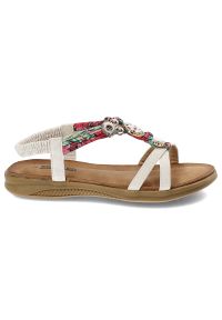 Białe Sandały Artiker Modne Obuwie Damskie. Okazja: na spacer. Zapięcie: pasek. Kolor: biały. Materiał: materiał. Wzór: kolorowy, paski, aplikacja. Sezon: lato #4