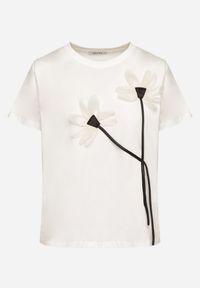 Born2be - Biały T-shirt z Bawełny Ozdobiony Kwiatami Marionis. Okazja: na co dzień. Kolor: biały. Materiał: bawełna. Wzór: aplikacja, kwiaty. Styl: klasyczny, casual, elegancki #3