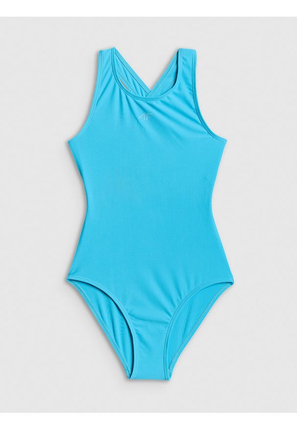 4f - 4F Kostium kąpielowy jednoczęściowy dziewczęcy - niebieski 134/140 (8-10 lat). Kolor: niebieski. Materiał: skóra, materiał. Rodzaj stanika: push-up