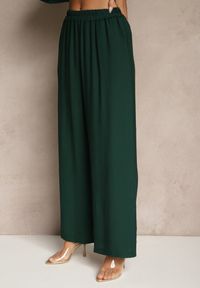 Renee - Ciemnozielony Wiskozowy Komplet Oversize Koszula i Spodnie Wide Leg Zierana. Kolor: zielony. Materiał: wiskoza