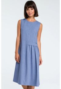 BeWear - Lniana sukienka trapezowa na lato bez rękawów niebieska. Okazja: na spacer, na co dzień, do pracy. Kolor: różowy, niebieski. Materiał: len. Długość rękawa: bez rękawów. Sezon: lato. Typ sukienki: trapezowe. Styl: casual #3