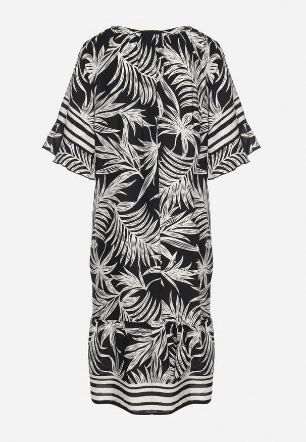 Born2be - Czarna Sukienka o Pudełkowym Kroju z Wiązaniem przy Dekolcie w Roślinny Wzór Mirionela. Kolor: czarny. Długość rękawa: krótki rękaw