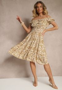 Renee - Beżowa Sukienka Bawełniana z Gumką w Talii i Ornamentalnym Printem Natilessae. Okazja: na co dzień. Kolor: beżowy. Materiał: bawełna. Wzór: nadruk. Styl: elegancki, casual
