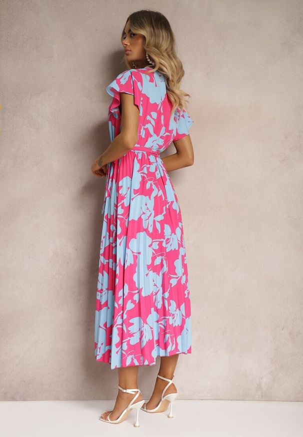 Renee - Różowo-Niebieska Kopertowa Plisowana Sukienka Koktajlowa z Gumką i Paskiem w Talii Benelsea. Typ kołnierza: dekolt w kształcie V. Kolor: różowy. Materiał: materiał. Typ sukienki: kopertowe. Styl: wizytowy