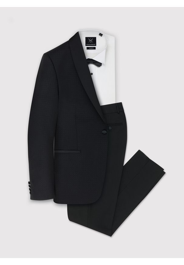 Pako Lorente - PAKO LORENTE – Czarna marynarka smokingowa w mikrowzór. Okazja: na sylwestra, na ślub cywilny, na wesele. Kolor: czarny. Materiał: poliester, wiskoza