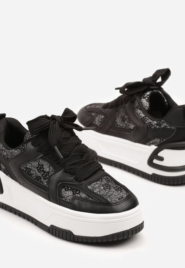 Born2be - Czarne Sneakersy na Grubej Podeszwie Zdobione Brokatem Deorianis. Okazja: na co dzień. Kolor: czarny. Materiał: jeans. Wzór: aplikacja