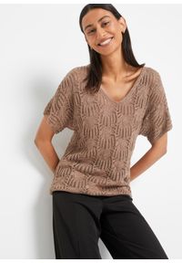 bonprix - Sweter ażurowy. Kolor: brązowy. Wzór: ażurowy #1