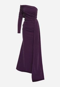 Born2be - Ciemnofioletowa Asymetryczna Sukienka Koktajlowa Ozdobiona Metaliczną Nicią i Trenem Emarielin. Kolor: fioletowy. Długość rękawa: długi rękaw. Wzór: aplikacja. Typ sukienki: asymetryczne. Styl: wizytowy. Długość: maxi #2